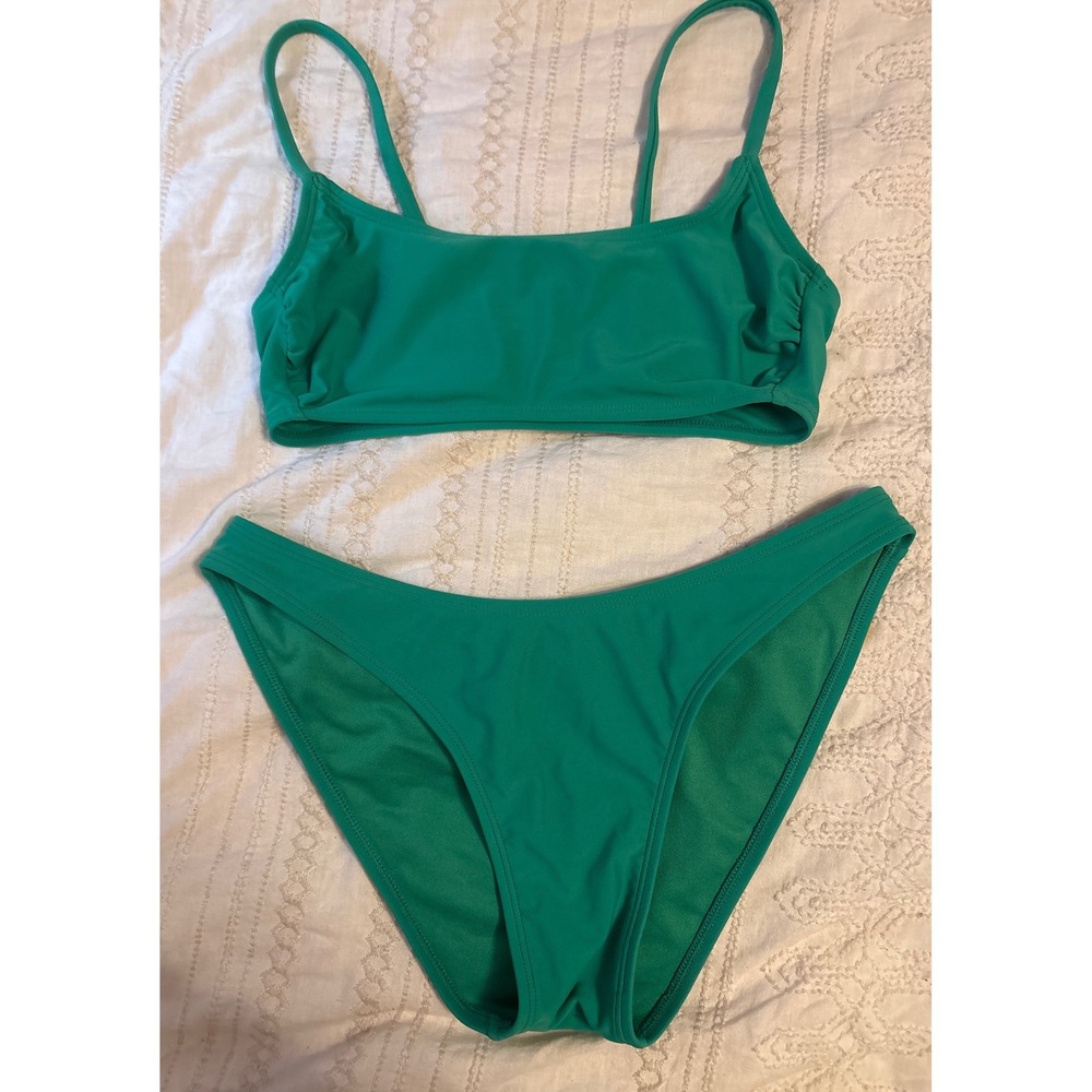 Wild Fable Solid Green Low‎ Rise Higg Leg Cheeky Scoop Neck Bikini, Small